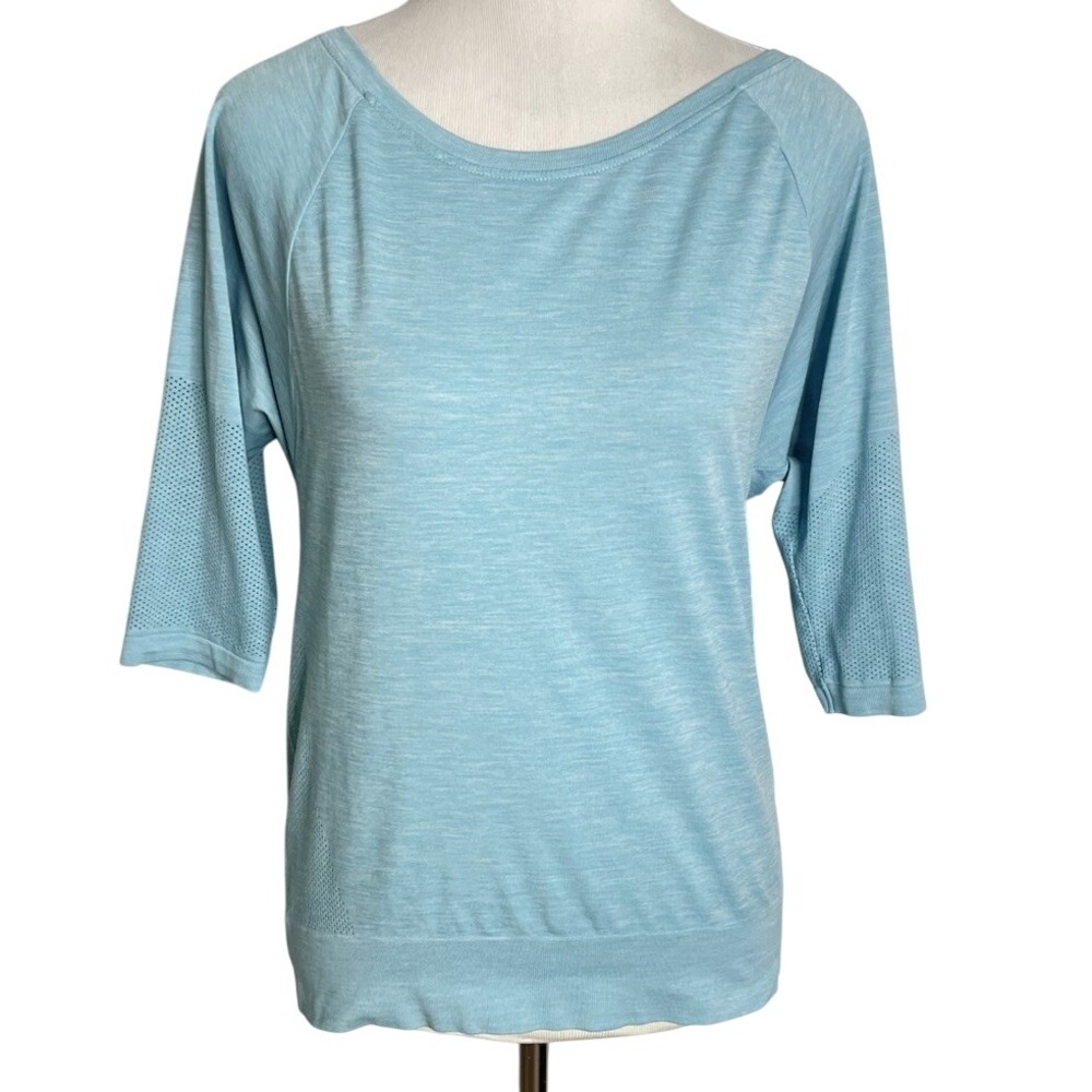 Sweaty Betty Dharana Yoga Blue 3/4 Sleeve Tee T-shirt Mesh Back Large
